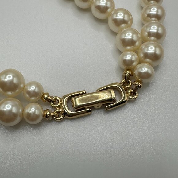 Vintage Double Stranded Pearl Necklace with Gold Rhinestone Accent 17 In Costume - Picture 6 of 6